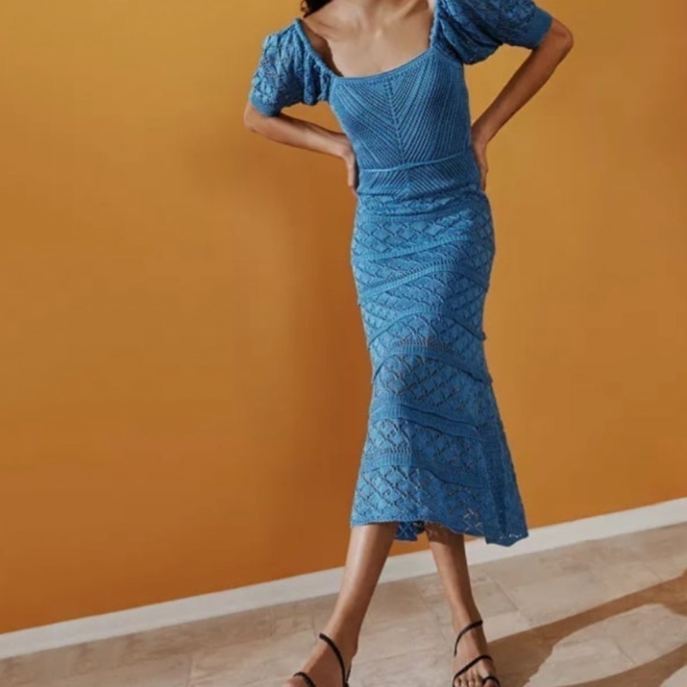 NWT Aqua Bloomingdale’s Puff Sleeve Crochet Knit Midi Dress in Blue